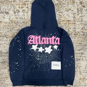 SP5DER Navy SMALL Hoodie with Pink and White Design